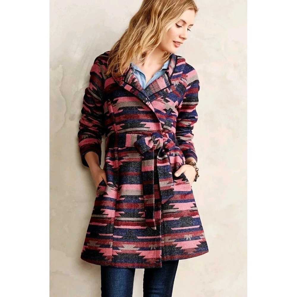 Anthropologie TABITHA Leona Aztec Wrap Coat Womens XS Hooded Belted Jacket